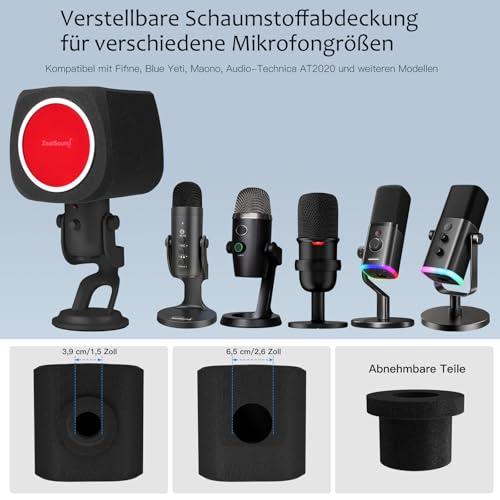 ZealSound Adjustable Mic Pop Filter for blue yeti, Yeti Nano, fifine AM8, SoloCast, Microphone Foam Cover Isolation Ball for Noise Cancel/Sound-Absorbing (Black + Red)