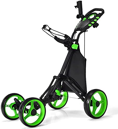 Tangkula Golf Push Pull Cart, Lightweight Aluminum Collapsible 4 Wheels Golf Push Cart, Golf Trolley with Waterproof Bag & Foot Brake, Free Cup Holder & Umbrella Holder, Height-Adjustable Handle