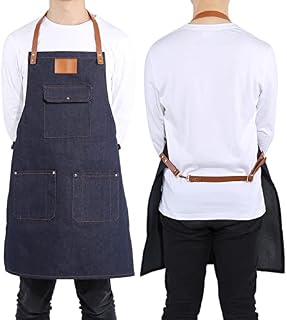Zerodis Denim Apron, Kitchen Apron with 3 Pockets and Adjustable Leather Strap for Cooking BBQ, Bartender Chef Work Apron Heavy Duty Bib for Men Women(78.00 * 68.00 * 2.00cm-Blue)