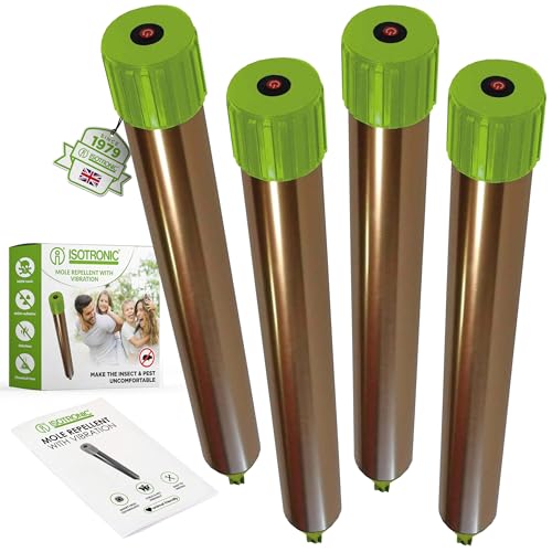 ISOTRONIC® Mole Scarer, Effective Vibrasonic Deterrent against Mole, Mouse, Rat, Ant, Vole, Snake - High Frequency Outdoor Repeller, 4 pieces