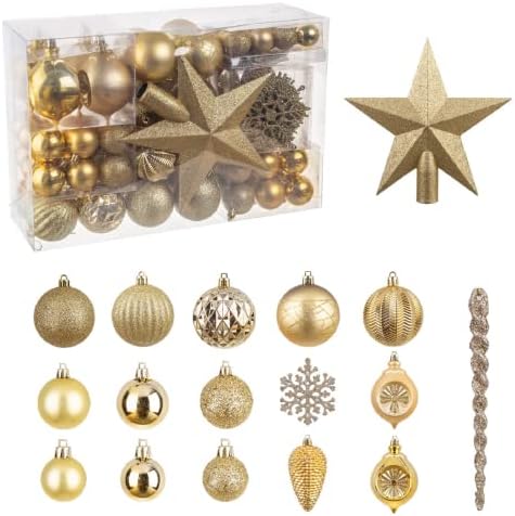 NJN 100pcs Assorted Christmas Ornaments Set, Shatterproof Plastic Christmas Ball Ornaments for Holiday Christmas Tree Decorations (Gold) Gold-Assorted 100ct