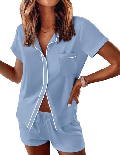 Image of Ekouaer Womens Pajama Sets Button Down Lounge Set 2 Piece Loungewear Soft Sleepwear Short Sleeve Pjs with Pockets