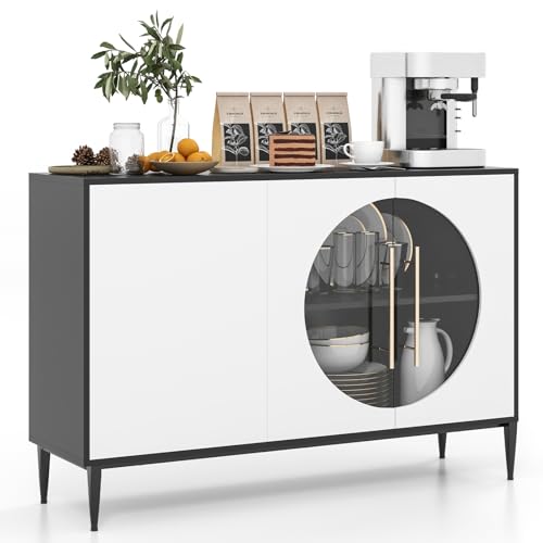 COSTWAY Buffetschrank mit Glastüren & Metallbeinen, Sideboard Weiß + Schwarz, Küchenschrank Holz, Buffet Esskommode für Esszimmer, Küche, Wohnzimmer 120 x 35 x 80 cm