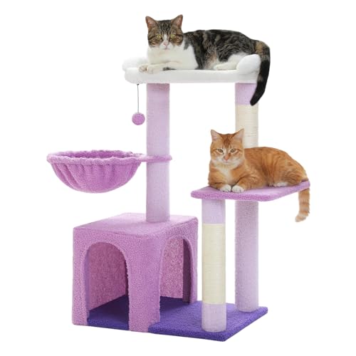 UYMI Cat Tree for Indoor Cats with Metal Frame Carpet Hammock, 32" Cute Cat Tower with Cozy Condo, Top Perch, Scratching Posts, and Replaceable Ball Toy, Pet Furniture for Small Cats & Kittens, Purple