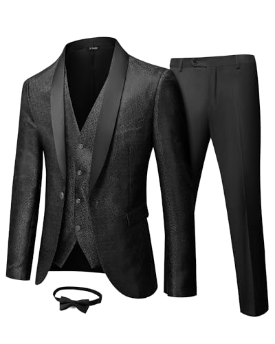 YND Men's 3 Piece Slim Fit Tuxedo Suit Set, One Button Shawl Collar Floral Business Blazer Jacket Vest Pants with Bow Tie, Black