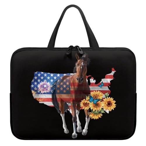 Suhoaziia Laptophülle, 25,4-43,2 cm (10-17 Zoll), stoßfest, Laptoptasche, Tablet-Tragetasche mit Griff, USA-Flagge, Pferde-Tragetaschen, Notebook-Tasche, Handtasche, Aktentasche, Schultertasche für