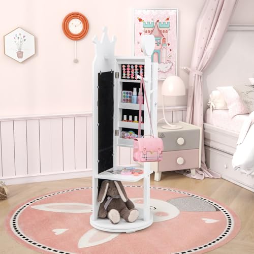CHARMAID 360 Swivel Kids Jewelry Cabinet Armoire, Full Length Mirror, Coat Rack, Storage Shelves, 44'' Standing Vanity Dressing Mirror, Kids Jewelry Organizer for Girls (White)
