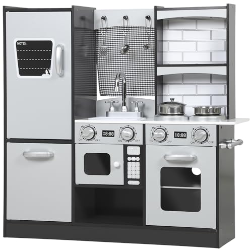 AIYAPLAY Cocina de Juguete de Madera con Sonido, Cocinita Infantil con Accesorios de Acero Inoxidable, Nevera, Microondas, Fregadero, 81x27x79,7 cm, Marrón Oscuro