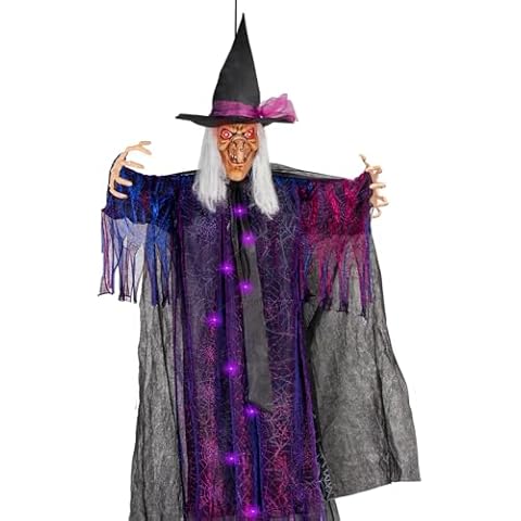 yosager 6 FT Halloween Hanging Witch with Scary Sound Effect and Red Eyes, Life Size Lighted Scream Witch, Halloween Haunted House Props Scary Decor, Theme Park Horror Layout Party Decoration Cover