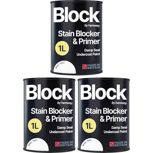 Hemway Stain Blocker Paint & Primer, Satin White 1L, Damp Seal Paint, Wood Primer, for Bathroom, Kitchen, Bedroom Walls & Ceilings, Damp Proof Undercoat Stain Block - 3 Pack