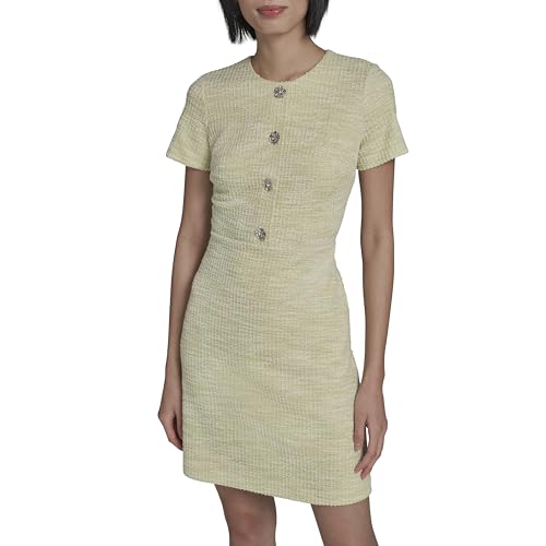 Image of Karl Lagerfeld Women's Short Sleeve Gold Button Up Knit Sheath Mini Dress