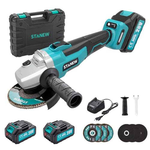 Amoladora angular sin escobillas, Amoladora angular inalámbrica STANEW, velocidad sin carga 8500 rpm (Disco abrasivo/de corte: 125 mm), batería de iones de litio de 20 V 4000 mAh (Dos baterías)