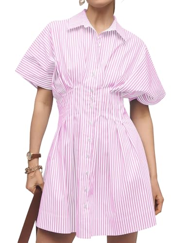 Image of MISSACTIVER Women Pleated Button Down Shirt Dress Short Sleeve Striped Corset Mini Dresses Casual Summer Short Dress