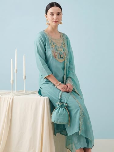 Image of INDO ERA Women's Silk Blend Embroidered Straight Kurta & Pant with Dupatta Set | Kurta Set With Dupatta For Women