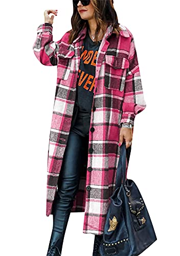 YMING Mujer Chaquetas De Botones A Cuadros, Chaquetas Sueltas, Solapas, Chaquetas Casuales De Manga Larga, Chaquetas De Moda De Colores Rojo Rosa XL