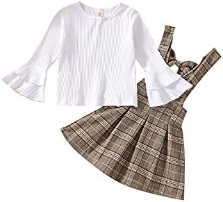 Toddler Baby Girls Autumn Outfits Long Flare Sleeve White Top Brown Plaid Suspender Dress Skirt Clothes Set (White Brown, 2-3T)