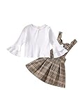 Toddler Baby Girls Autumn Outfits Long Flare Sleeve White Top Brown Plaid Suspender Dress Skirt Clot