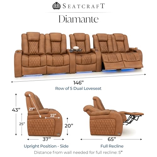 Image of Seatcraft Diamante Tawny Italian Leather Home Theater Seating, Zero Gravity Power Recliner Gaming and Home Office Chair, Powered Headrest Lounge Sofa Furniture for Cinema Room, Row of 5 Dual Loveseats