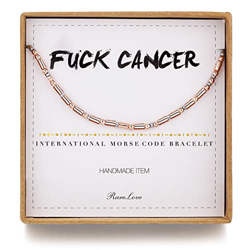 RareLove Fuck Cancer Morse Code Bracelets Inspirational Encouragement Friendship Gift For Women Girls Rose Golden Beads String Bracelet