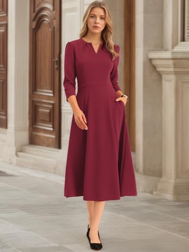 Image of Allegra K Womens 3 /4 Sleeve A-Line Business Work Formal Midi Dress | Elegant Dresses with Pockets, V Neck, Cockatail Party Church Funeral Outfits, Spring Fall Winter