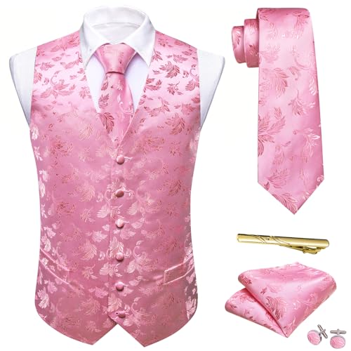 Barry.Wang Mens Pink Paisley Vest Silk Flower Jacquard V-neck Formal Waistcoat for Party