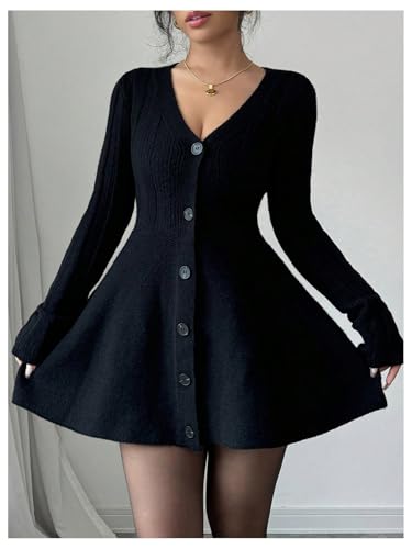 SOLY HUX Women's Sweater Dress Button Down V Neck Long Sleeve Knit A Line Mini Dresses4