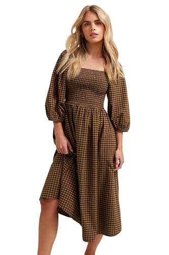 PixieGirl Petite Brown Gingham Puff Sleeve Midi Dress Petite