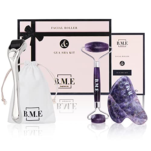 B M E Amethyst Jade Roller for Face, Derma Roller, and Gau Sha Set for Skin Care, Eye and Face Massager Tool-Pack of 3
