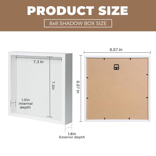 Image of Muzilife 8x8 Shadow Box Picture Frame with Linen Board - Deep Wood & Glass Display Case Ready to Hang Perfect to Display Baby & Sports Memorabilia, Pins, Awards, Medals, Tickets and Photos (White)