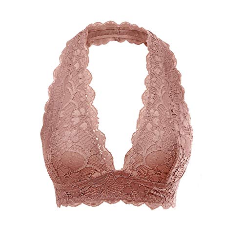 Image of Floral Lace Halter Bra Bralette Top Hook and Eye Closure Back Unpadded Wirefree Lace Bra