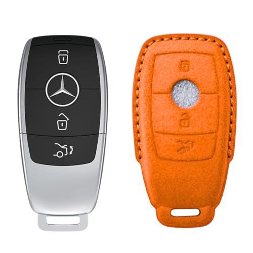 Image of KMH Alcantara Car Key Cover Compatible with Mєrcєdєs W205, E320L, C200, C180, C260, C300 Series Model 3 Buttons Shell Case Holder Full Key Protector Smart Keycover, Orange - Pack of 1