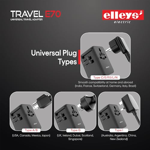 Image of Elleys 70W Travel Adapter with Retractable Cable | Universal Travel Adapter | Dual USB Ports, Multi-Plug Charger with GaN Fast Charging | Worldwide Compatibility for US, UK, Canada, Europe (1Pcs)