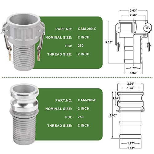 HOOTSUM Camlock Fittings Type C&E Aluminum 2" Cam and Groove Hose Fitting Kit with 2" Female&Male Camlock x 2" Hose Shank, Cam and Groove Hose Couplings with Hose Clamp