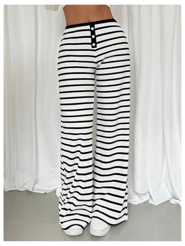 Floerns Women's Summer Striped Print Elastic Waist Loose Fit Straight Leg Pants3