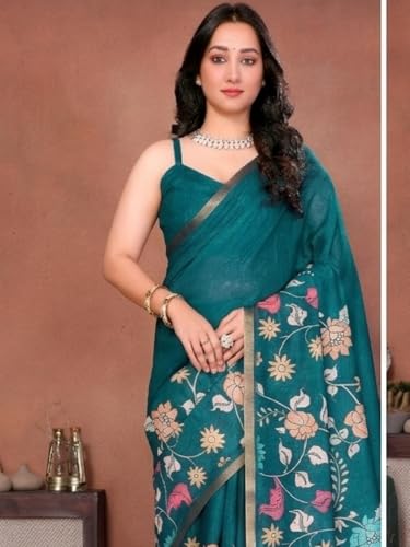 Image of SAMANTHA Black Floral Print Ready to Wear Linen Saree with Pocket & Adjustable Belt