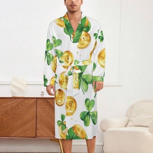 Shamrock Leaf And Gold Coins Soft Robe Long Sleeve Bathrobes V Neck Sleepwear Spa Robes with Belt Men Woman2