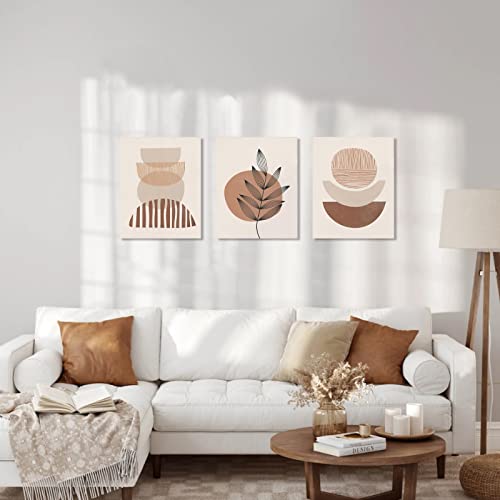Minimalist Boho Wall Art Set Of 3, Mid-Century Modern Wall Art, Framed Canvas Wall Art Moon Botanical Geometric Neutral Abstract Artwork Prints Modern Boho Room Wall Decor Ready To Hang For Living Room, Bedroom, Bathroom, Office (12"X16") #TOP1
