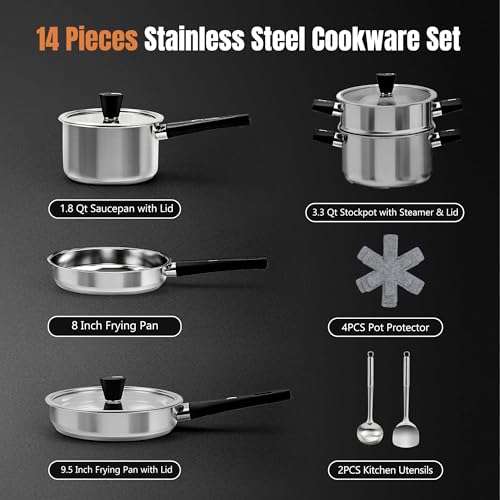 Image of Meythway 14-Piece Stainless Steel Cookware Set for Induction Stovetops - Non-Toxic Pots & Pans with Stay-Cool Handles, Glass Lids, Steamer, Pot Mats & Utensils - Dishwasher Safe Kitchen Cookware