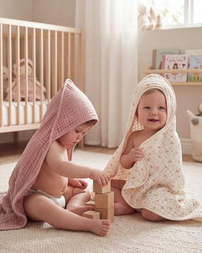 Blissful Diary Muslin Baby Hooded Towel 2 Pack, Soft & Absorbent Bath Towel for Baby Girls, Infant Gift, Newborn Essentials, Pink Floral & Light Pink - Image 3