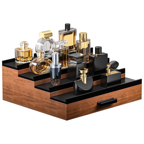 Sephyroth Cologne Organizer for Men – 4 Tier Perfume Display with Hidden Storage & Drawer, Elegant Perfume Storage Box, Durable Craftsmanship, Great Gift for Man (WalnutBlack)