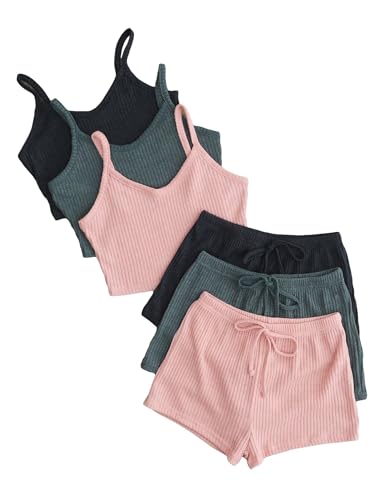 GORGLITTER Women's 6 Pieces Pajamas Set Ribbed Knit Sleeveless Crop Cami Top and Shorts Sleepwear