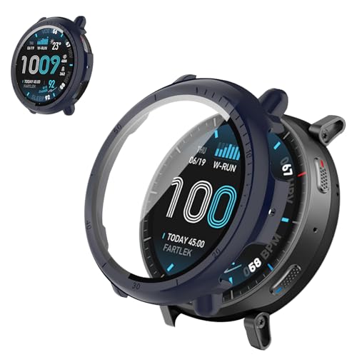 For Amazfit Active Max 48mm �P�[�X �t�B����+PC�t���[�� ��̌^ �ی�J�o�[ �K���X�t�B���� ��̌^ �h�� �h�o�yHUKWIMO�z 3D�S�ʕی� �w��h�~ HD�����ߗ� ���ɋ��� �C�A�[�� �ɔ� �������� ���˒ጸ (�u���[ 