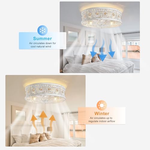 Image of Garwarm 20 inch Ceiling Fans with Lights,Flush Mount Vintage Farmhouse Rustic Crystal Fandelier,Low Profile Farmhouse Caged Ceiling Fan with Light and Remote for Bedroom,Kitchen,Indoor