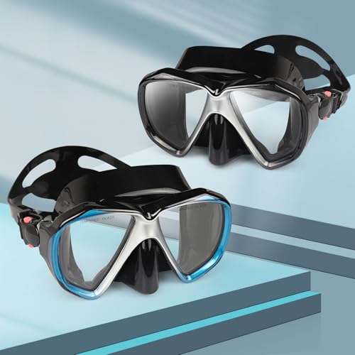 Image of Snorkel Diving Mask Panoramic HD Swim Mask, Anti-Fog Scuba Diving Goggles,Tempered Glass Dive Mask Adult Youth Swim Goggles with Nose Cover for Diving, Snorkeling, Swimming (Black+Blue 2 Pack)