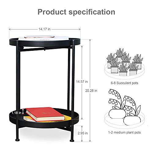 Black Metal End Table, Round Accent Side Table, Multifunctional As Nightstand For Bedroom, Corner Plant Stand Shelf (Black) #TOP1