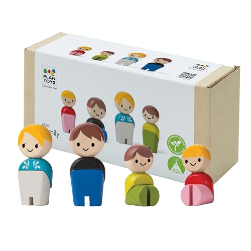 PlanToys® PlanWorld Family Set | 4 Wooden Poseable Figures for PlanCity & PlanWorld Playsets | Montessori Pretend Play Family with Flexible Arms & Legs | Eco-Friendly Sustainable Wooden Toy for Kids