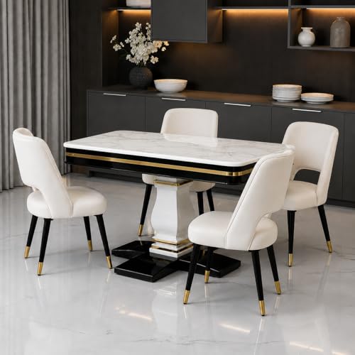 Image of RK Wood Wooden Dining Table Set of 4, Luxury Marble-Effect Sunmica Top, Modern 4 Seater Dining Table with Velvet Upholstered Beige Cushioned Chairs, Sheesham Wood Legs & Brass Strip for Dining Room