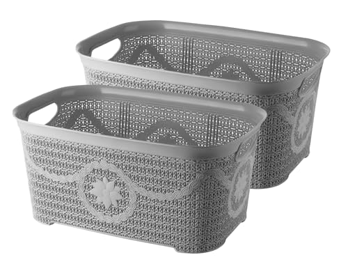 BH | Laundry Basket | 12 Litres | GREY | 2 Pcs | Rattan Knitted Style | Washing Hamper Storage | Washing Clothes Organiser | Multi Purpose Plastic Laundry - By BEST HOUSE