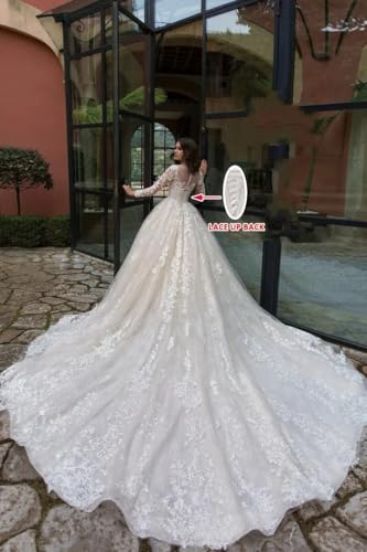Jorshiman Long Sleeve Wedding Dresses for Bride Princess A Line Wedding Ball Gown Tulle Lace Beach Bridal Gowns with Train2