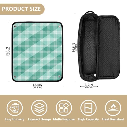 Bolsa de viaje para herramientas de cabello y tapete resistente al calor impermeable con patrón de cuadros verdes y blancos para planchas, rizadores y secadoras miniatura 4